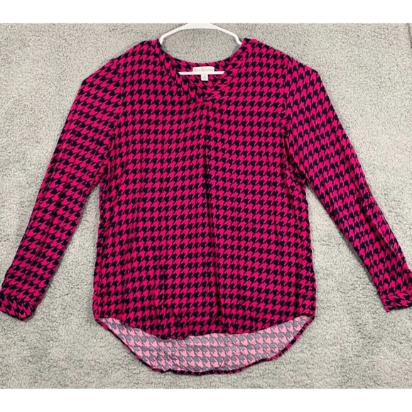 Black Pink Houndstooth Kim Rogers Medium (M) Long Adjustable Sleeve Top Blouse - Picture 1 of 12